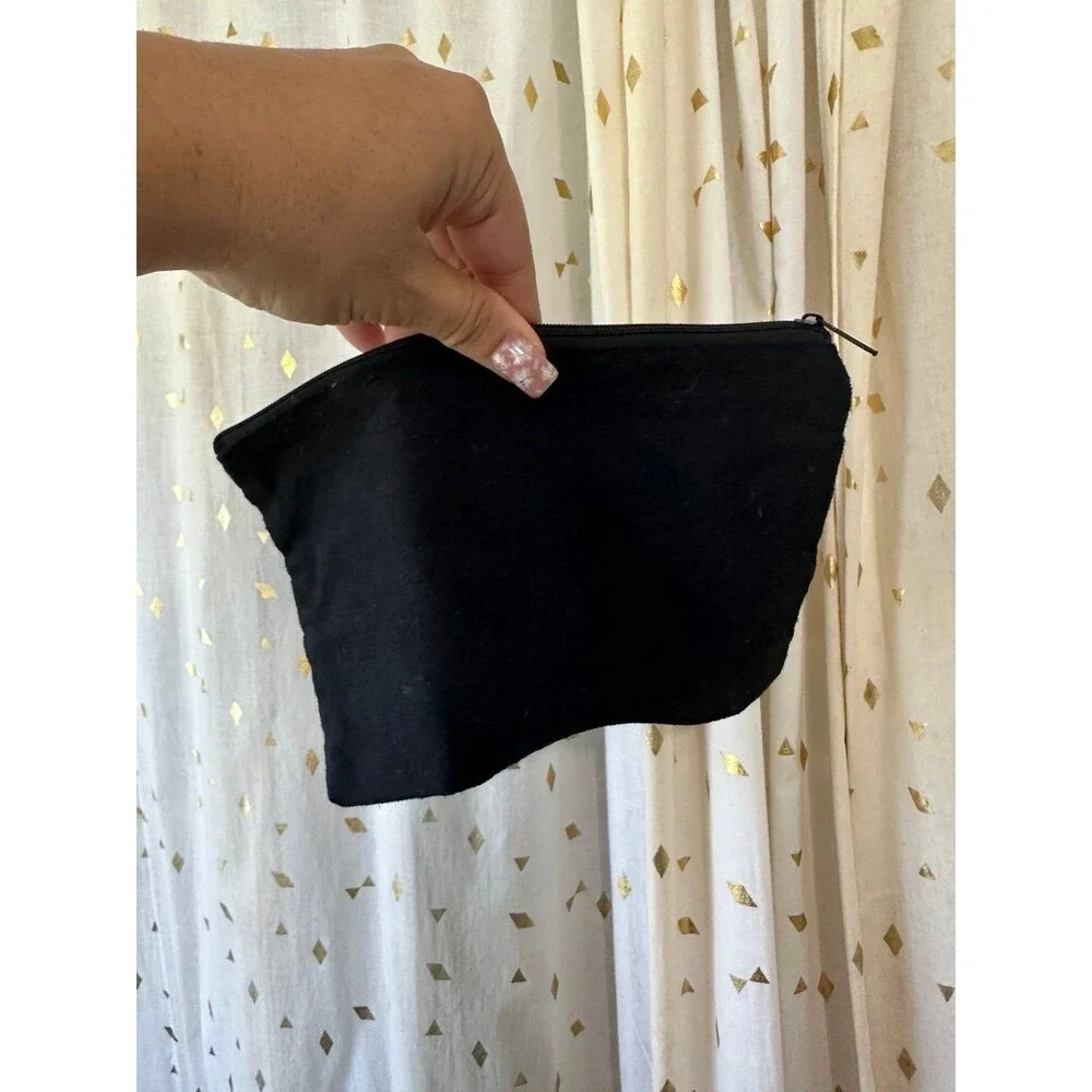 Unbranded Black Canvas Wooden Floral Cutout Embellishment Zipper Cosmetic Pouch